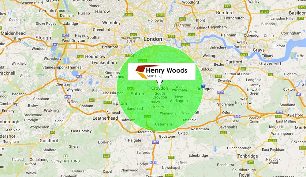 Henry Woods Skip Hire service area covering Croydon, Sutton, Wimbledon, Mitcham, Epsom, Caterham and surrounding south London